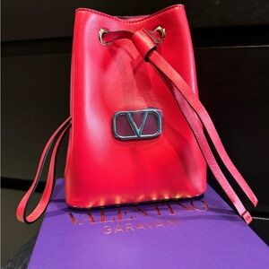Valentino Red Mini V Logo Drawstring Wristlet Bag